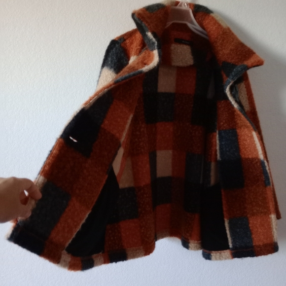 Ali Miles Women's Large Buffalo Plaid 3/4 sleeve Fuzzy Peacoat - Picture 5 of 12